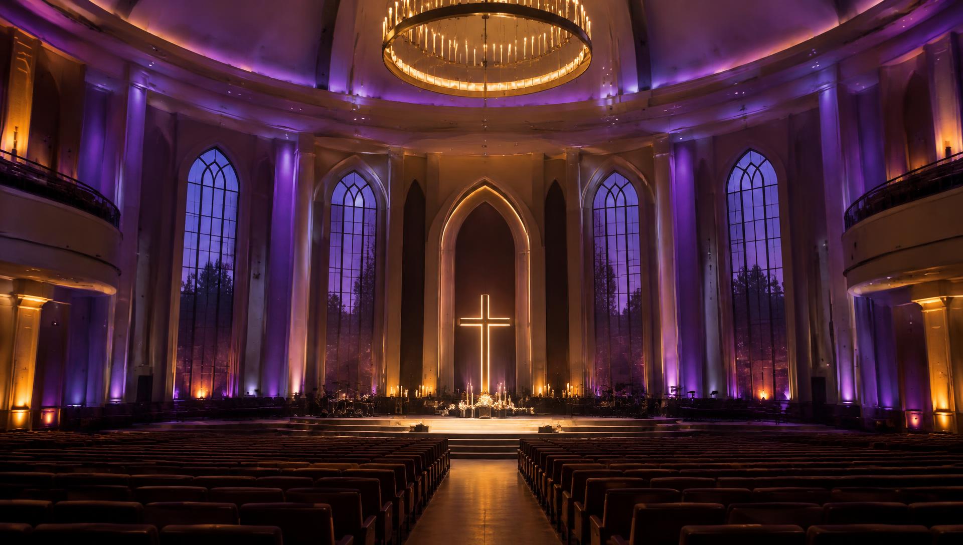 Church sanctuary bathed in purple and gold light